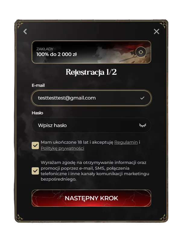 Rejestracja w Casina – krok 2